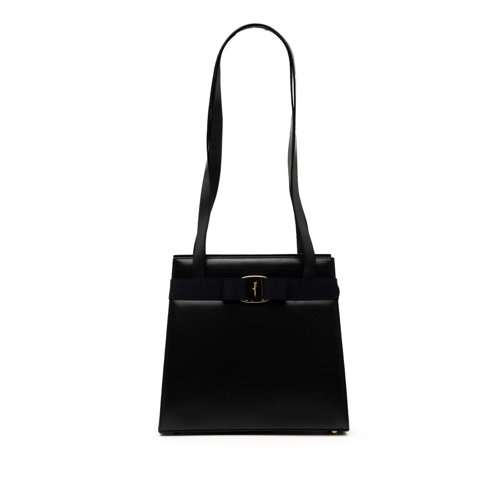 Ferragamo B Ferragamo Black Calf Leather Vara Bow Shoulder Bag Italy