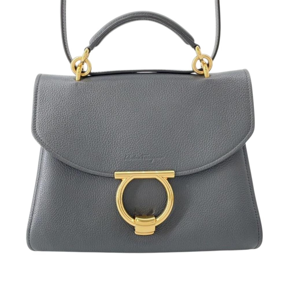 Ferragamo B Ferragamo Gray Calf Leather skin Gancini Margot Top Handle Bag Italy