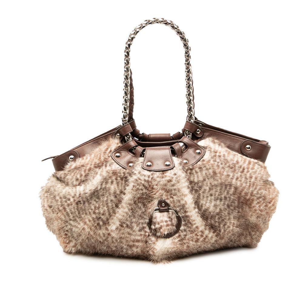 Ferragamo B Ferragamo Brown Polyester Fabric Faux Fur Gancini Shoulder Bag Italy
