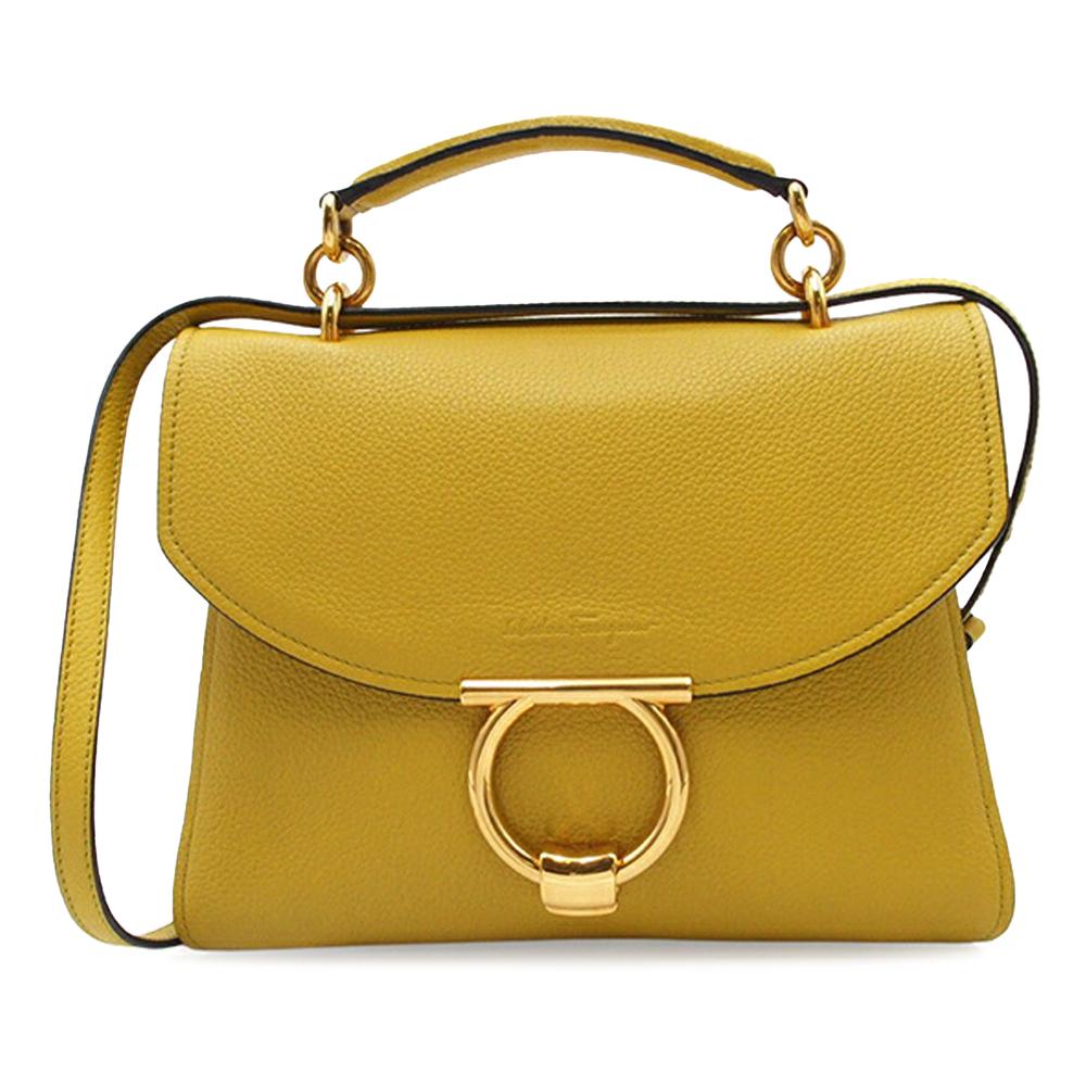 Ferragamo B Ferragamo Yellow Calf Leather skin Gancini Margot Top Handle Bag Italy