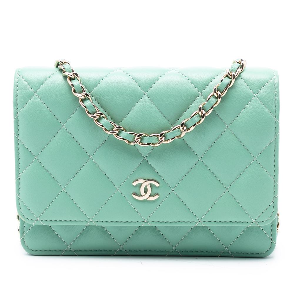Chanel B Chanel Green Light Green Lambskin Leather Leather Mini CC Quilted Lambskin Wallet On Chain Italy
