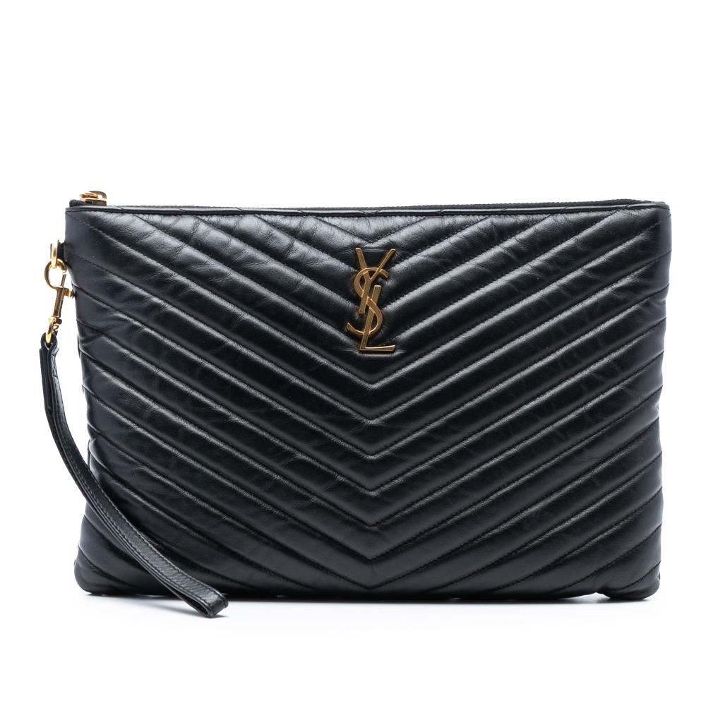 Saint Laurent AB Saint Laurent Black Calf Leather Quilted Chevron Monogram Document Holder Italy