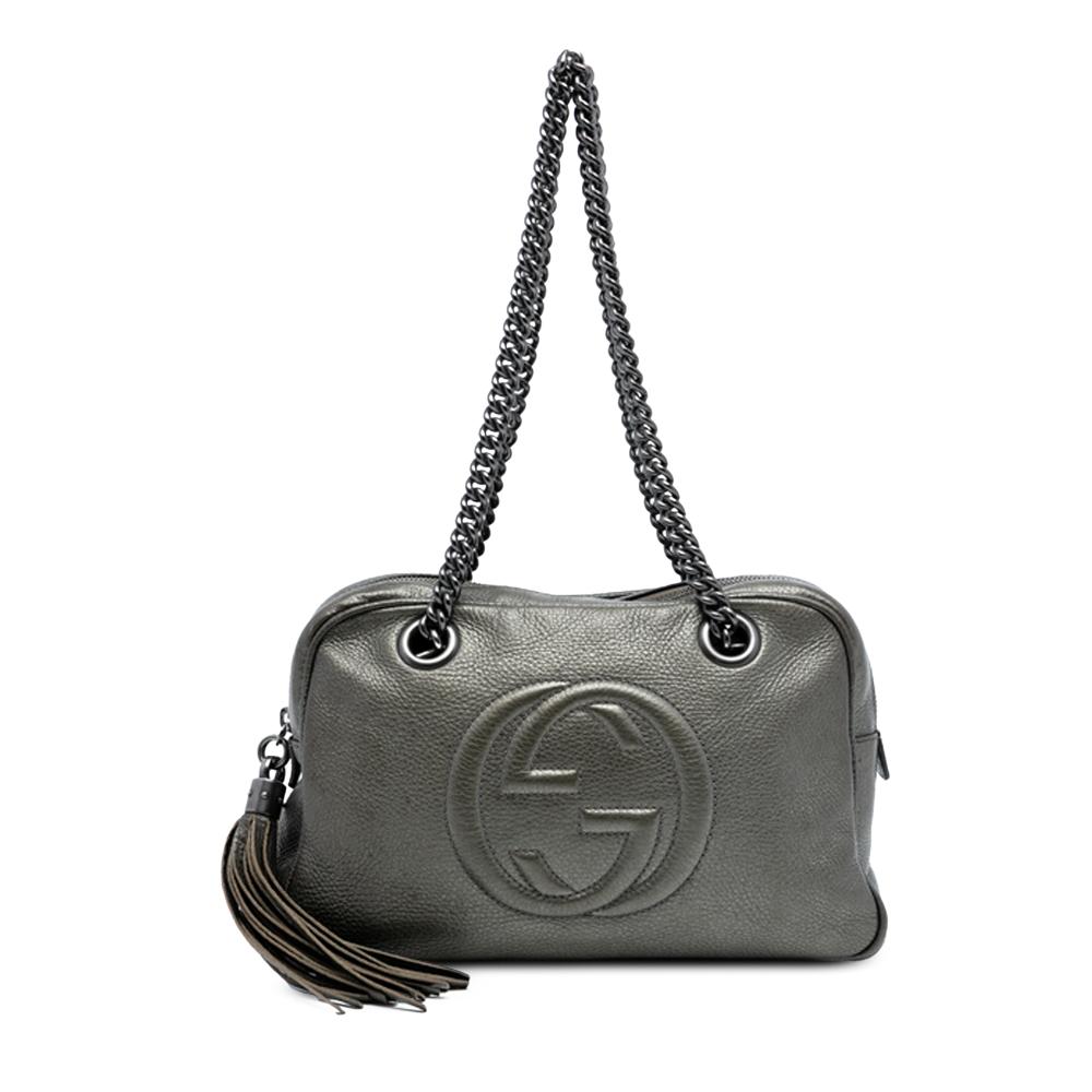 Gucci AB Gucci Silver Calf Leather Soho Chain Zip Shoulder Bag Italy