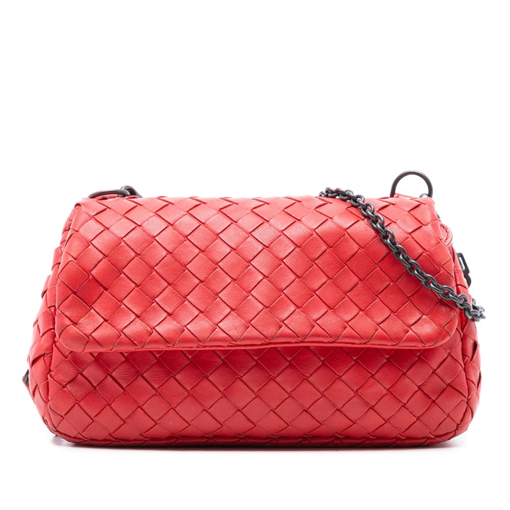Bottega Veneta Red Mini Nappa Intrecciato Expandable Chain Flap Crossbody Italy