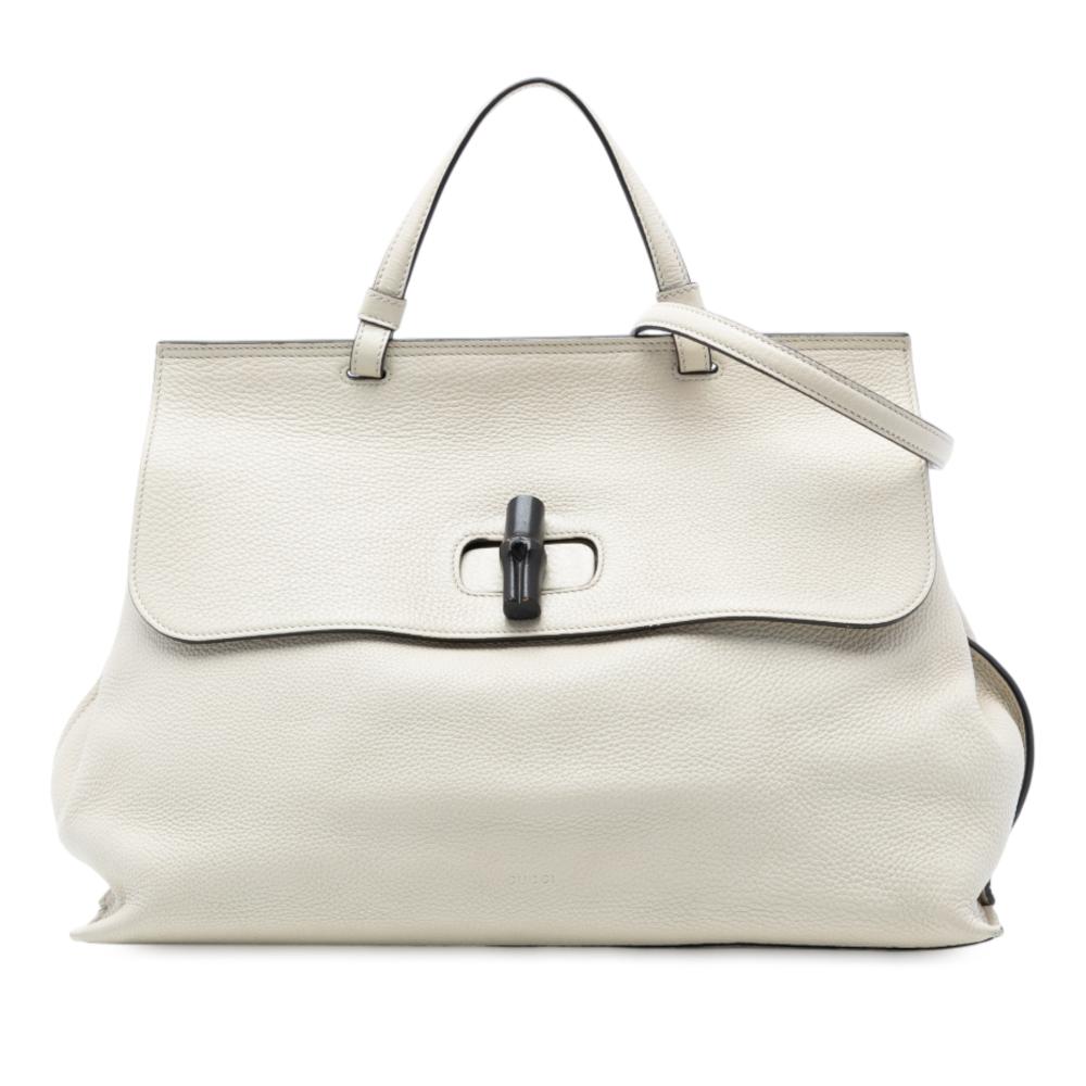 Gucci AB Gucci White Calf Leather Large Bamboo Daily Satchel Italy