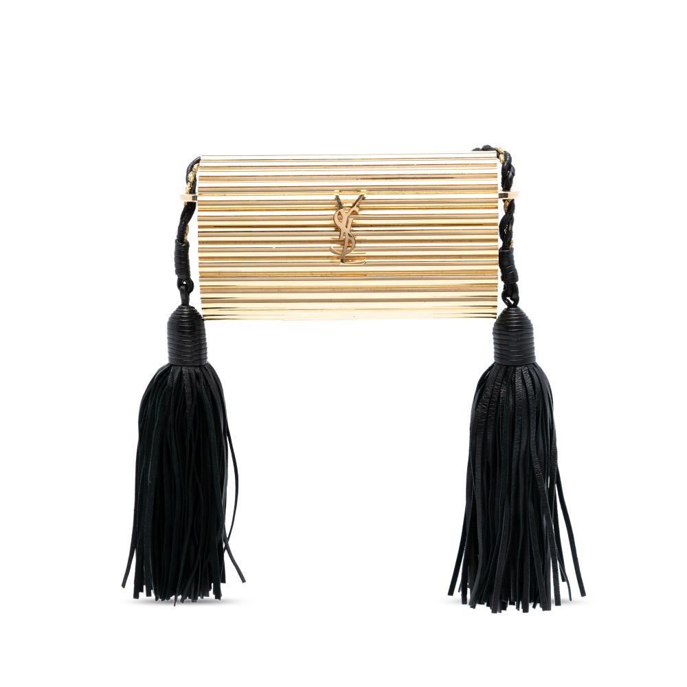 Saint Laurent B Saint Laurent Gold Gold Plated Metal Ribbed Acrylic Lambskin Fringe Monogram Opium Box Bag Italy