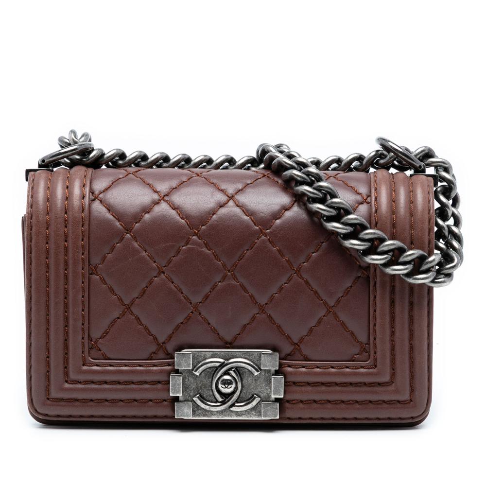 Chanel Brown Dark Brown Lambskin Leather Leather Small Quilted Lambskin Wild Stitch Boy Flap France