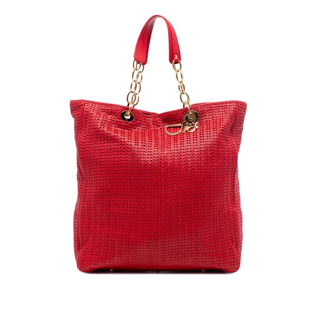 Christian Dior B Dior Red Lambskin Leather Leather Large Woven Lambskin Lady Dior Soft Shopping Tote Italy