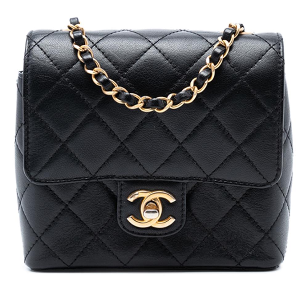 Chanel B Chanel Black Goatskin Leather Mini Square Classic Single Flap Italy