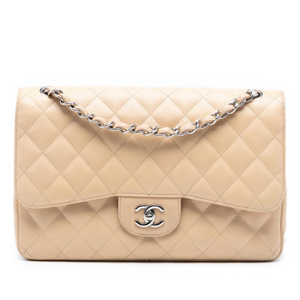 Chanel B Chanel Brown Light Beige Caviar Leather Leather Jumbo Classic Caviar Double Flap Italy