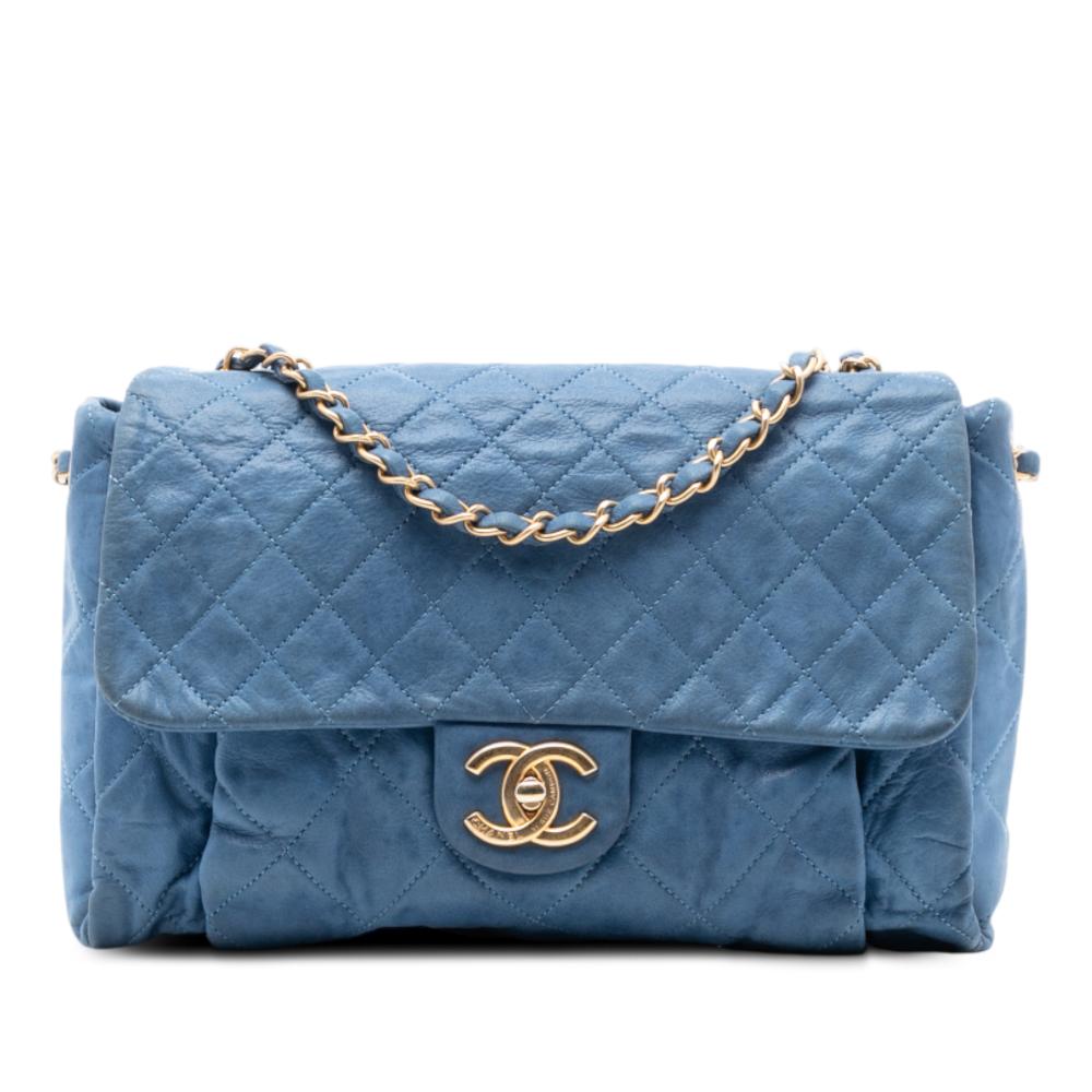 Chanel B Chanel Blue Light Blue Calf Leather Large Quilted Iridescent skin Chic Quilt Flap Italy