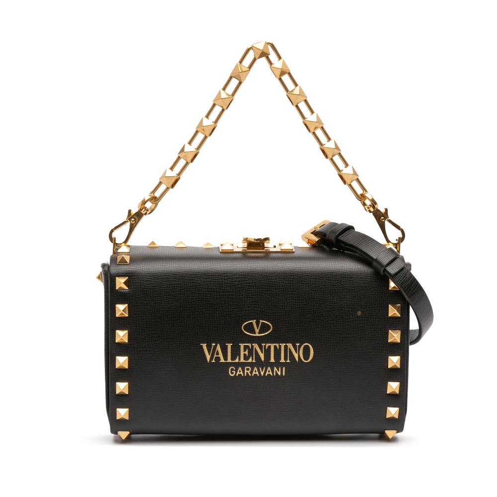 Valentino B Valentino Black Calf Leather Rockstud Alcove Box Satchel Italy