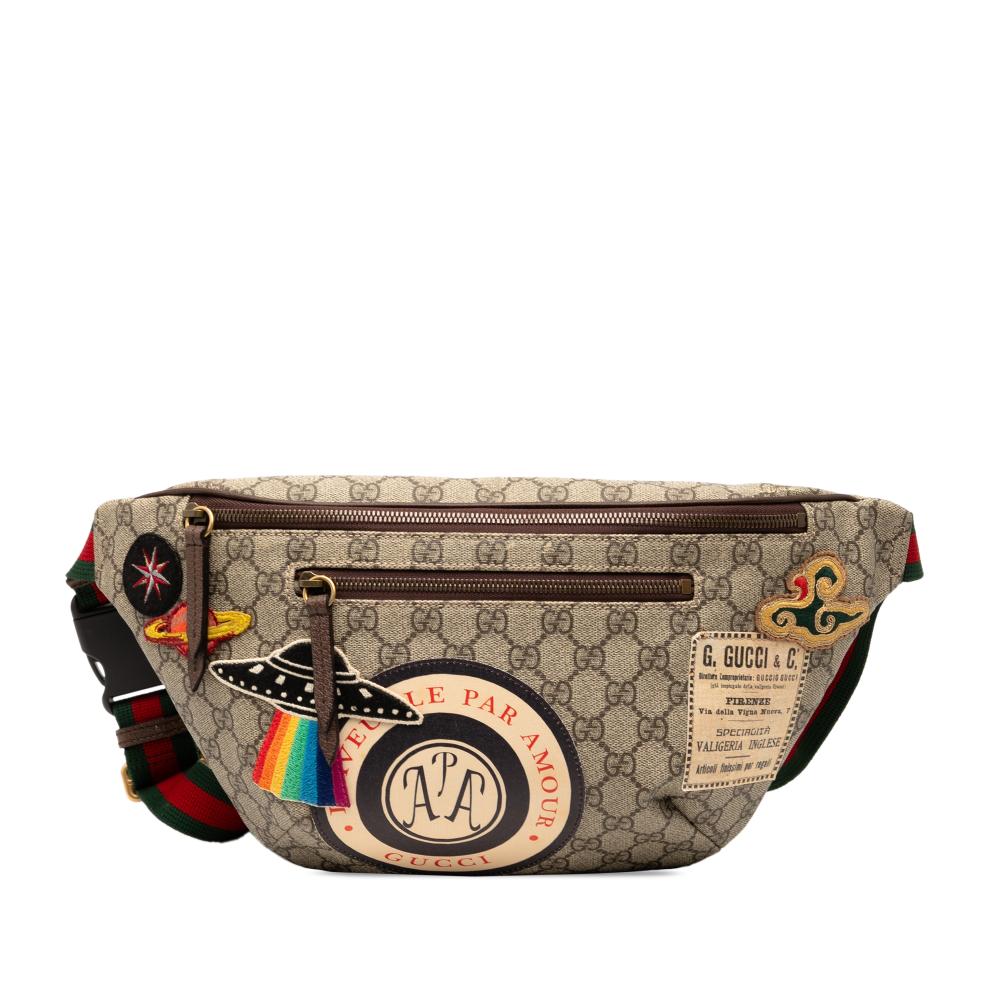Gucci B Gucci Brown Beige Coated Canvas Fabric GG Supreme Courrier Belt Bag Italy