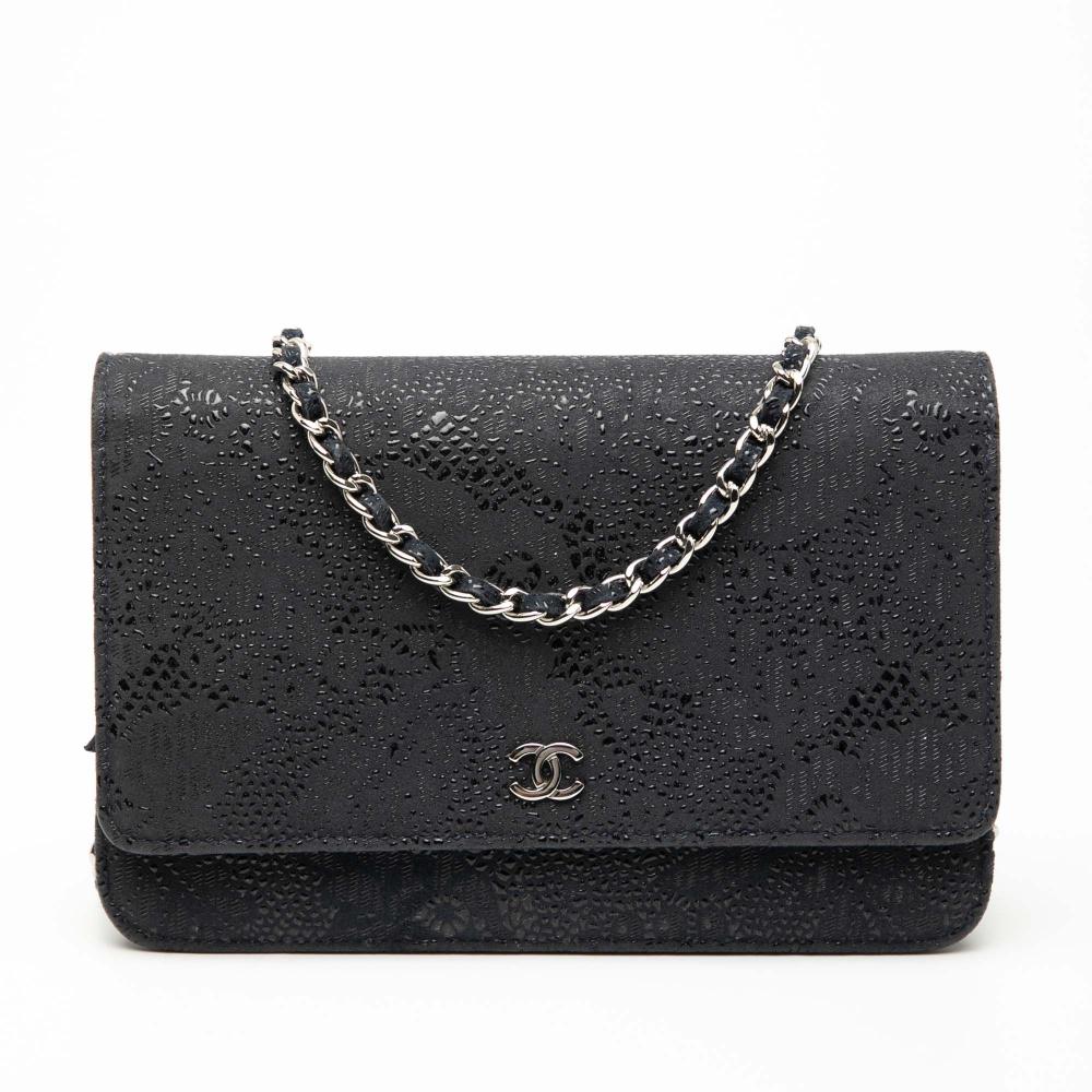 Chanel B Chanel Blue Navy Goatskin Leather CC Lace Overlay Wallet On Chain Italy