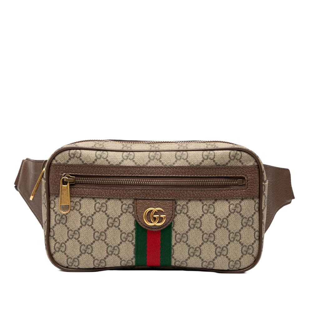 Gucci AB Gucci Brown Beige Coated Canvas Fabric Small GG Supreme Ophidia Belt Bag Italy
