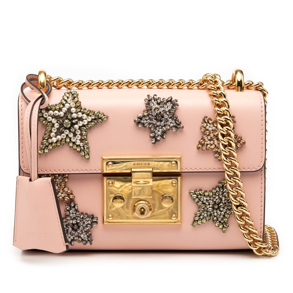 Gucci AB Gucci Pink Calf Leather Small Crystal Embellished Star Padlock Crossbody Italy