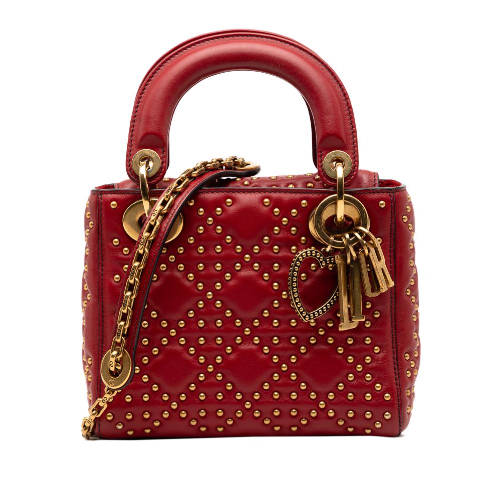 Christian Dior B Dior Red Lambskin Leather Leather Mini Lambskin Cannage Studded Supple Lady Dior Italy