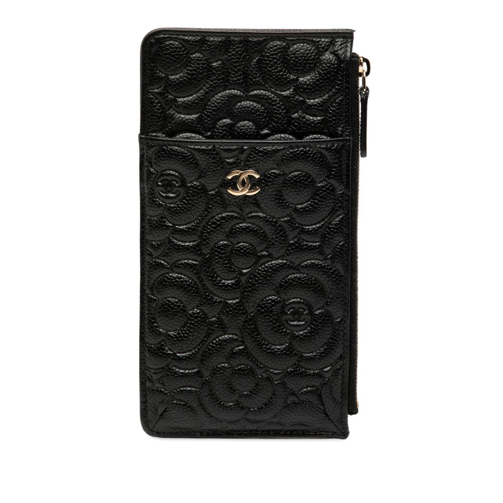 Chanel Black Caviar Leather Leather CC Embossed Caviar Camellia Flat Phone Case Wallet Pouch Italy