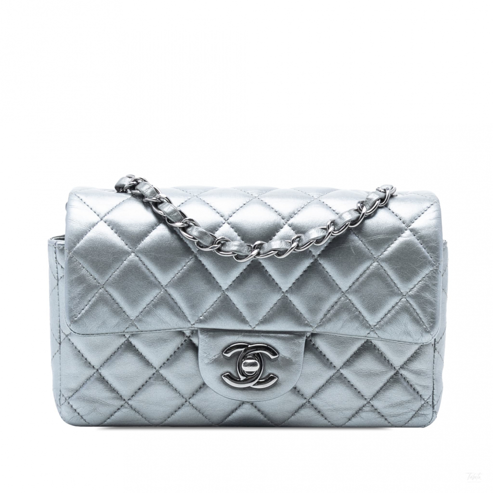Chanel Classic Single Flap Mini Lambskin Leather Matelassè Shoulder Bag Metallic Silver