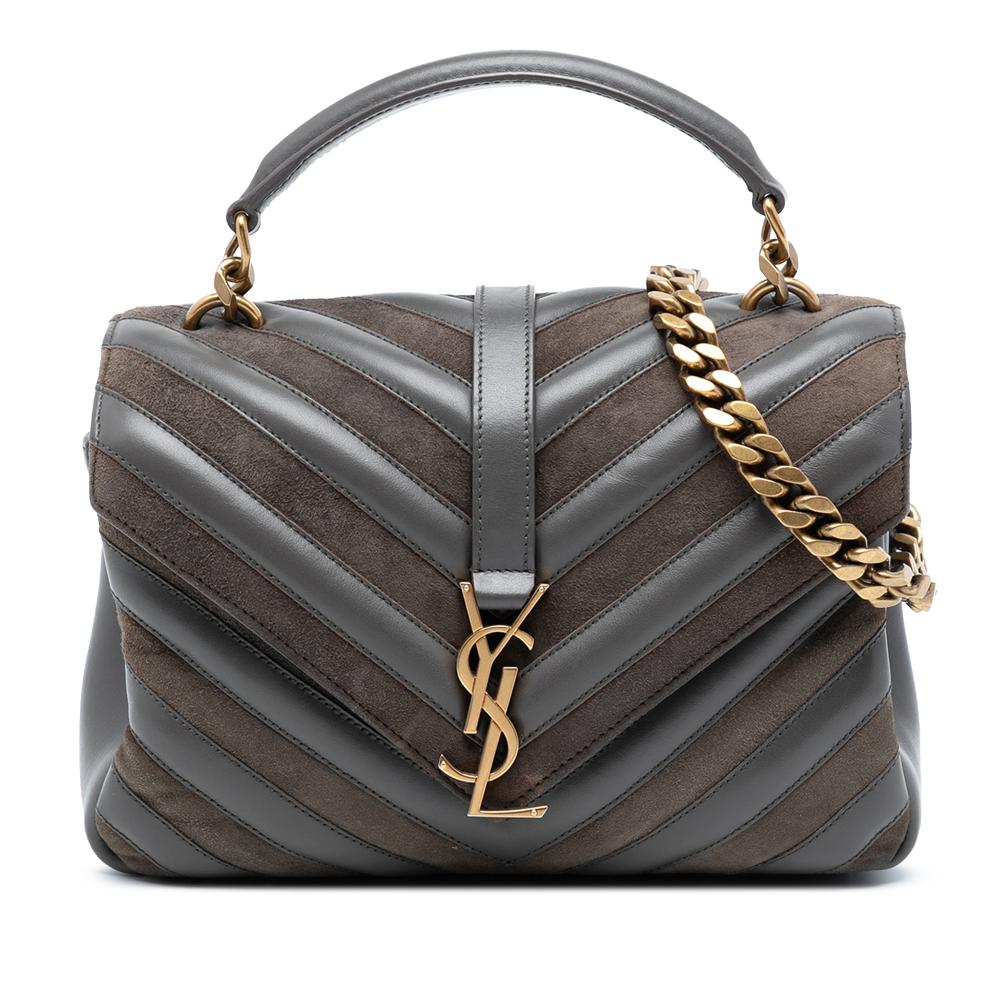Saint Laurent Gray Medium Calfskin and Suede Chevron Monogram College Satchel Italy