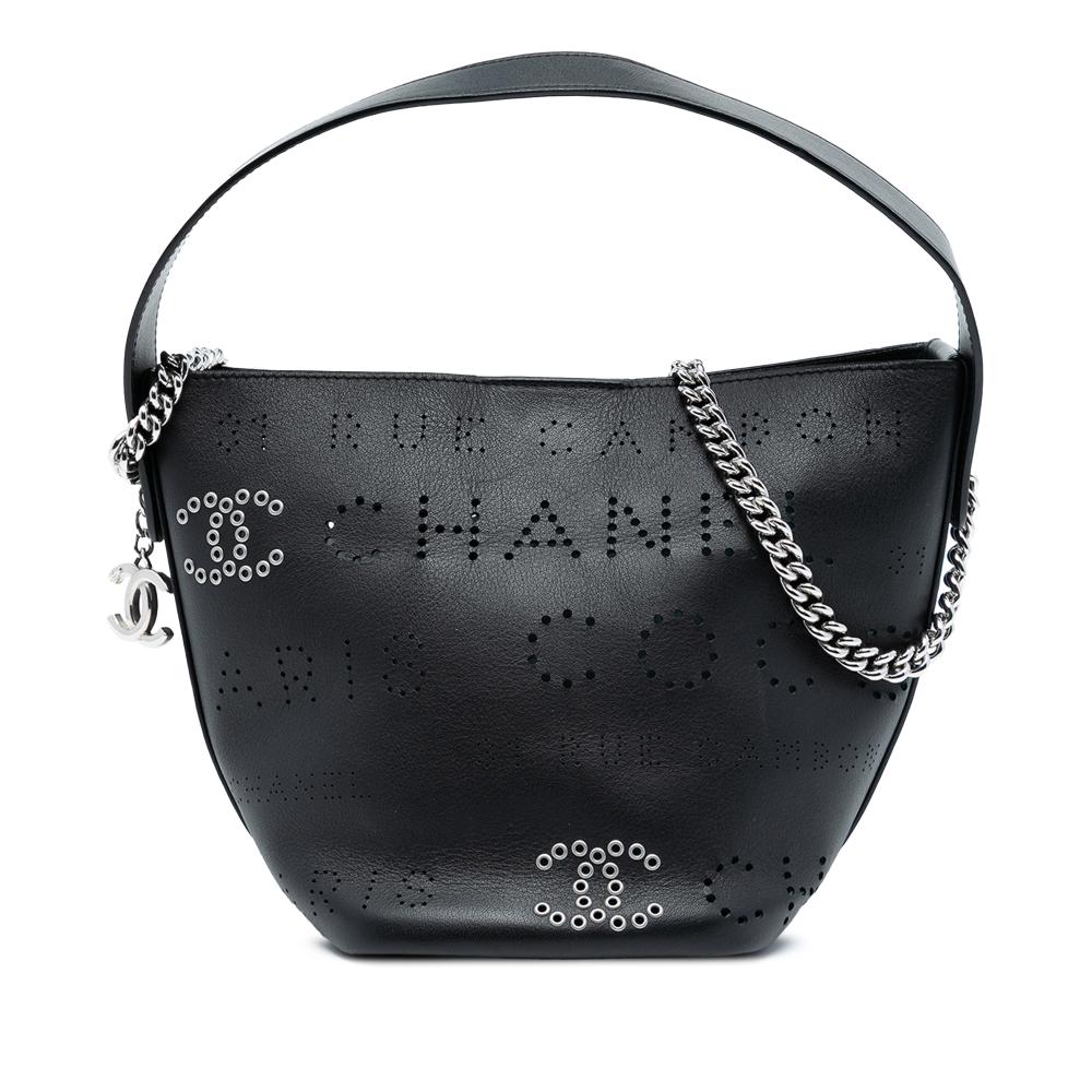 Chanel AB Chanel Black Calf Leather Small Perforated skin Logo Eyelet Bucket Bag Italy