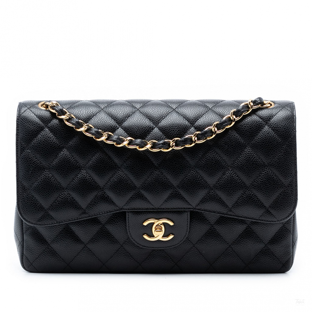 Chanel Classic Double Flap Jumbo Matelassè Caviar Leather Flap Handbag Black