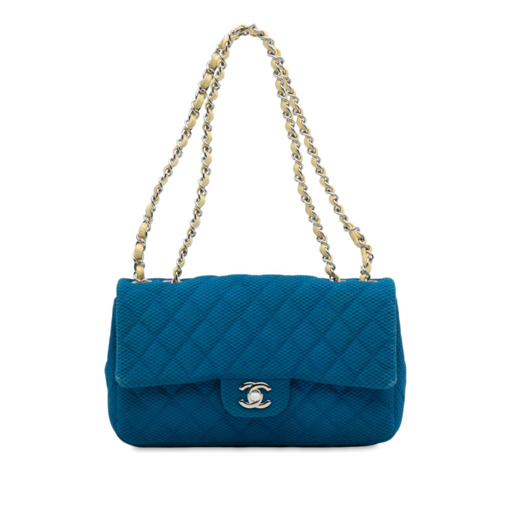 Chanel B Chanel Blue with Yellow Cotton Fabric Medium Quilted Perforated Jersey Single Flap Italy