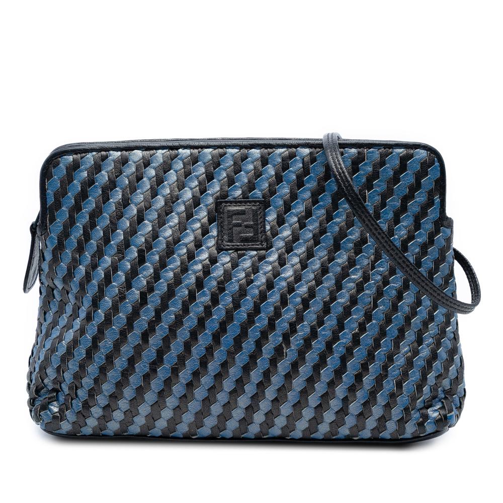 Fendi B Fendi Blue with Black Calf Leather Woven FF Crossbody Italy
