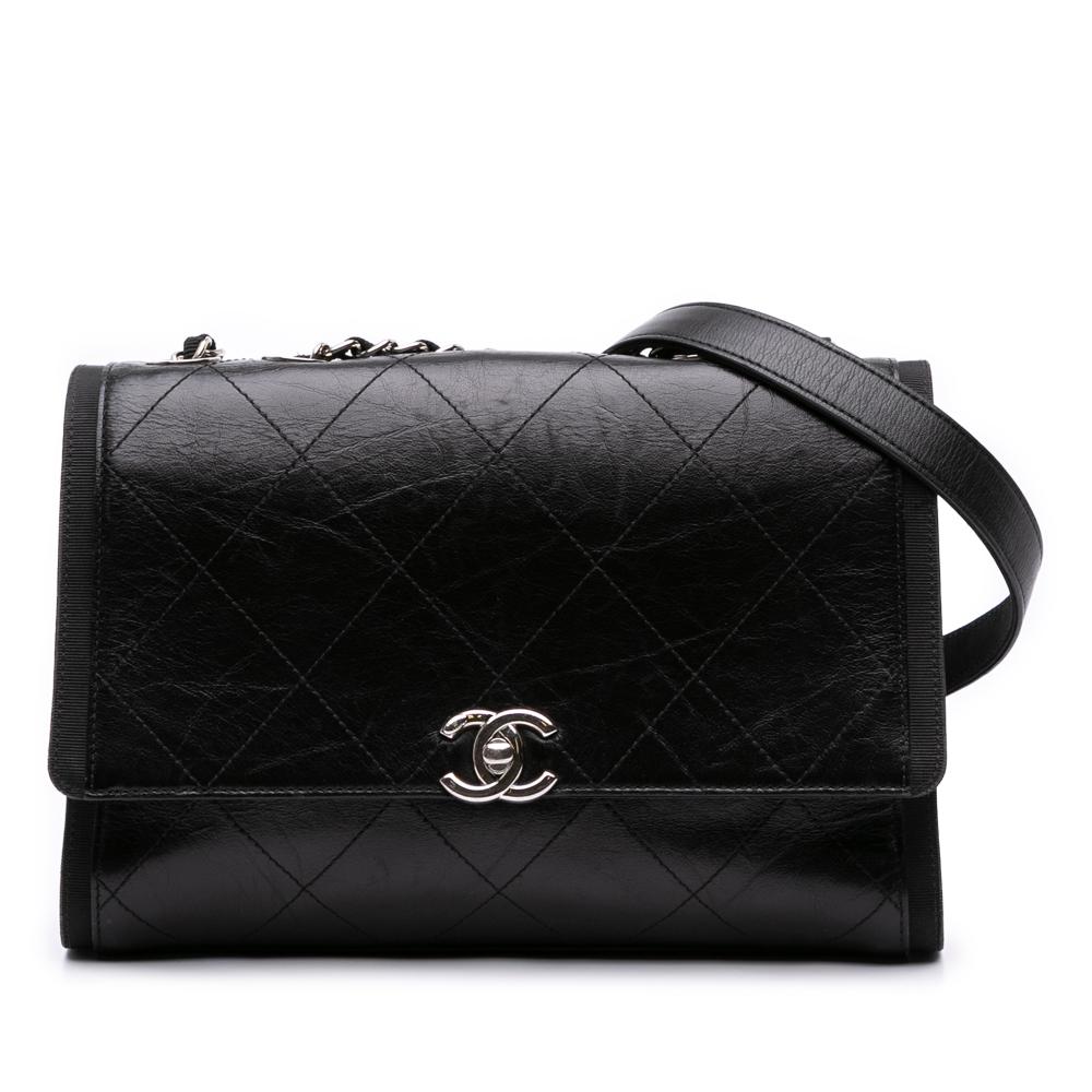 Chanel B Chanel Black Calf Leather CC Quilted Crumpled skin and Grosgrain Flap Italy