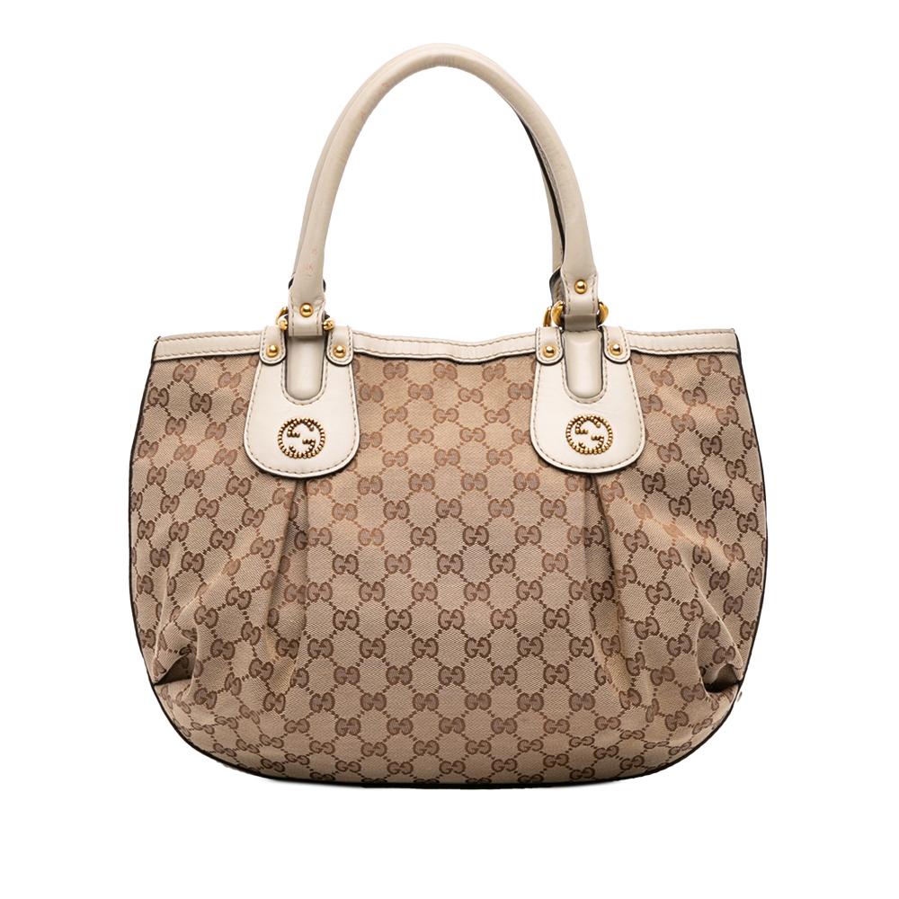 Gucci B Gucci Brown Beige with White Canvas Fabric GG Scarlett Tote Italy