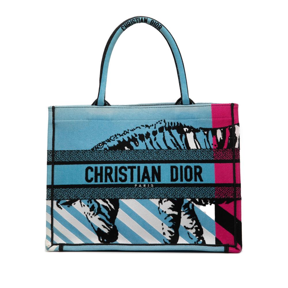 Christian Dior B Dior Blue Light Blue Canvas Fabric Medium Embroidered Zebra D Jungle Pop Book Tote Italy