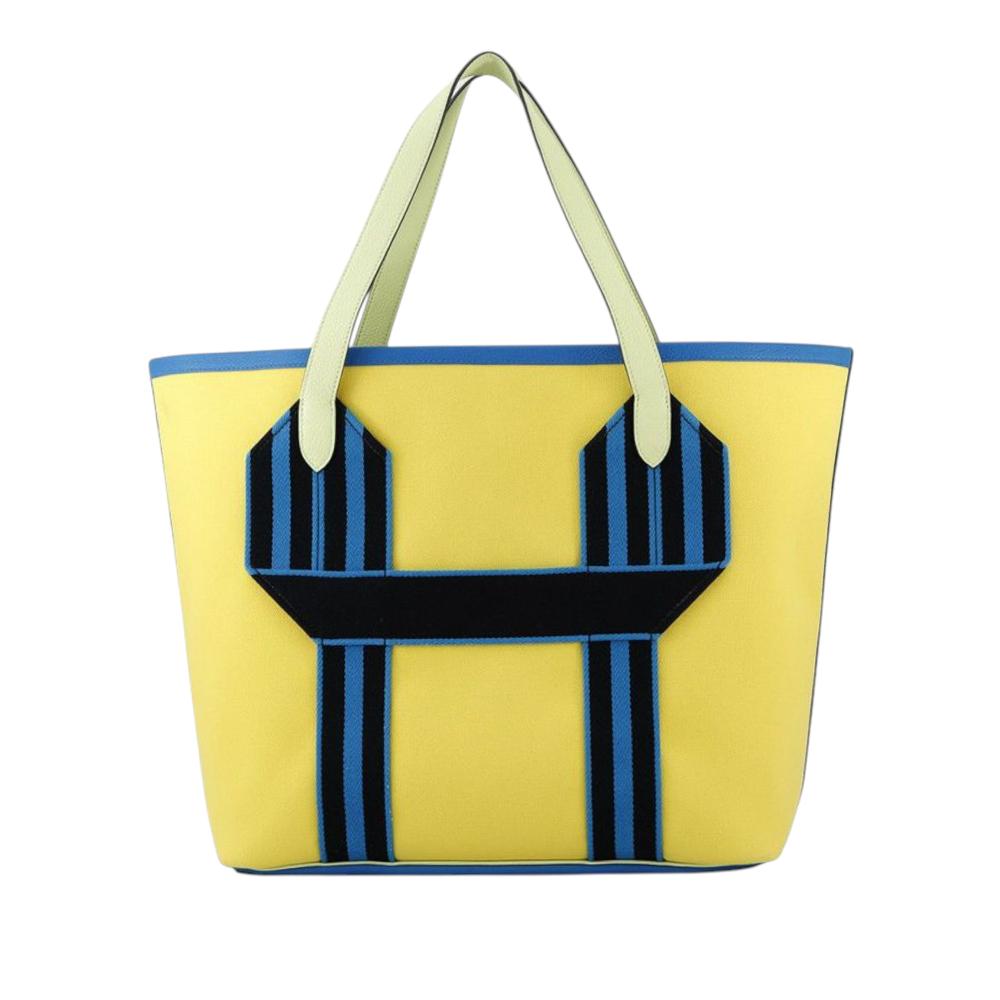 Hermès AB Hermès Yellow with Blue Canvas Fabric Toile and Clemence Pursangle Tote France