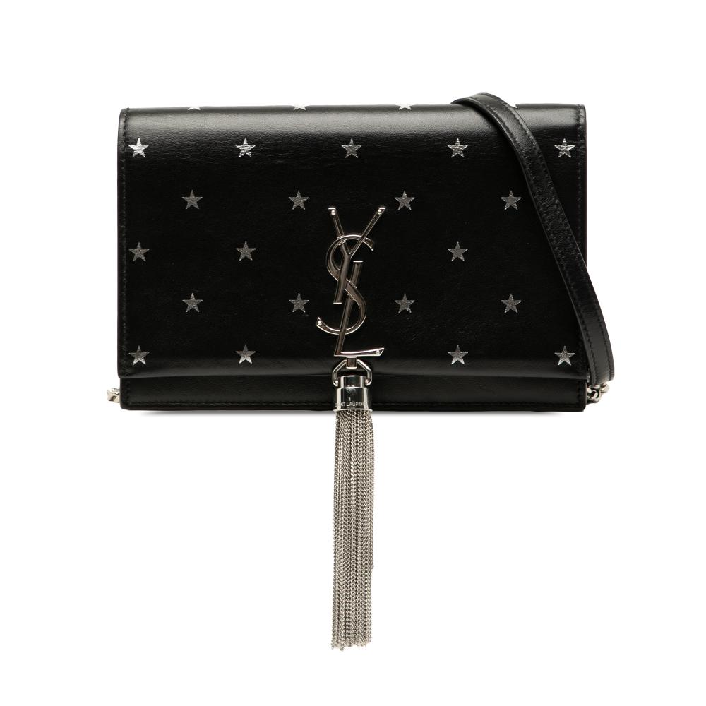 Saint Laurent Black Calf Leather skin Star Print Classic Monogram Kate Tassel Wallet on Chain Italy