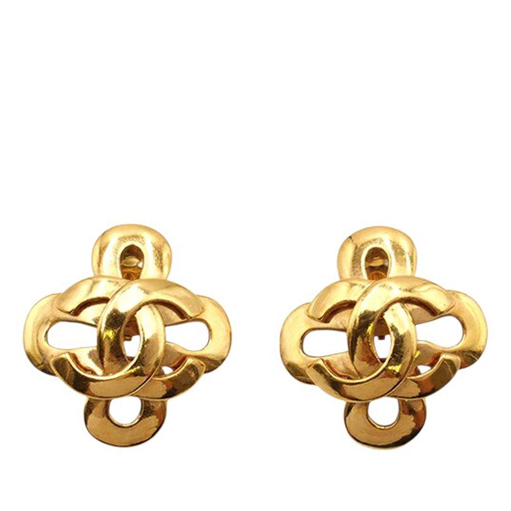 Chanel B Chanel Gold Gold Plated Metal CC Clover Clip On Earrings France