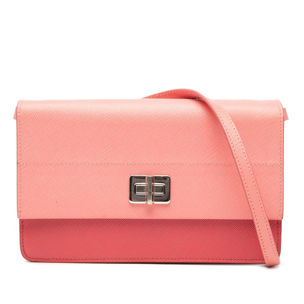 Prada B Prada Pink Salmon Saffiano Leather Turn Lock Wallet on Strap Italy