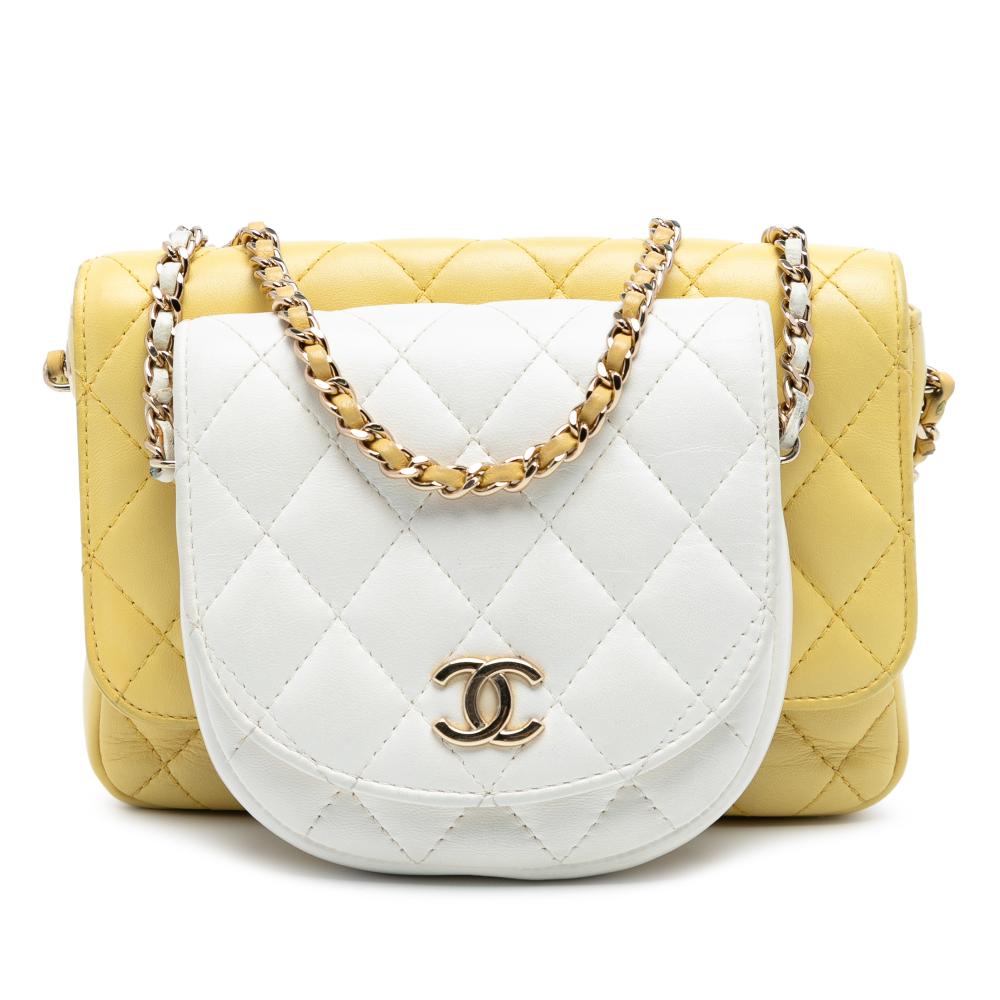 Chanel B Chanel Yellow with White Lambskin Leather Leather CC Quilted Lambskin Side Packs Flap Italy