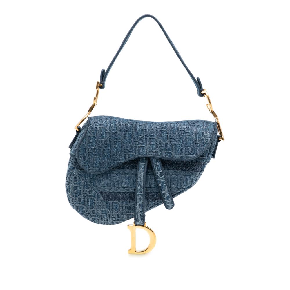 Christian Dior B Dior Blue Denim Fabric Oblique Embroidered Saddle Bag Italy
