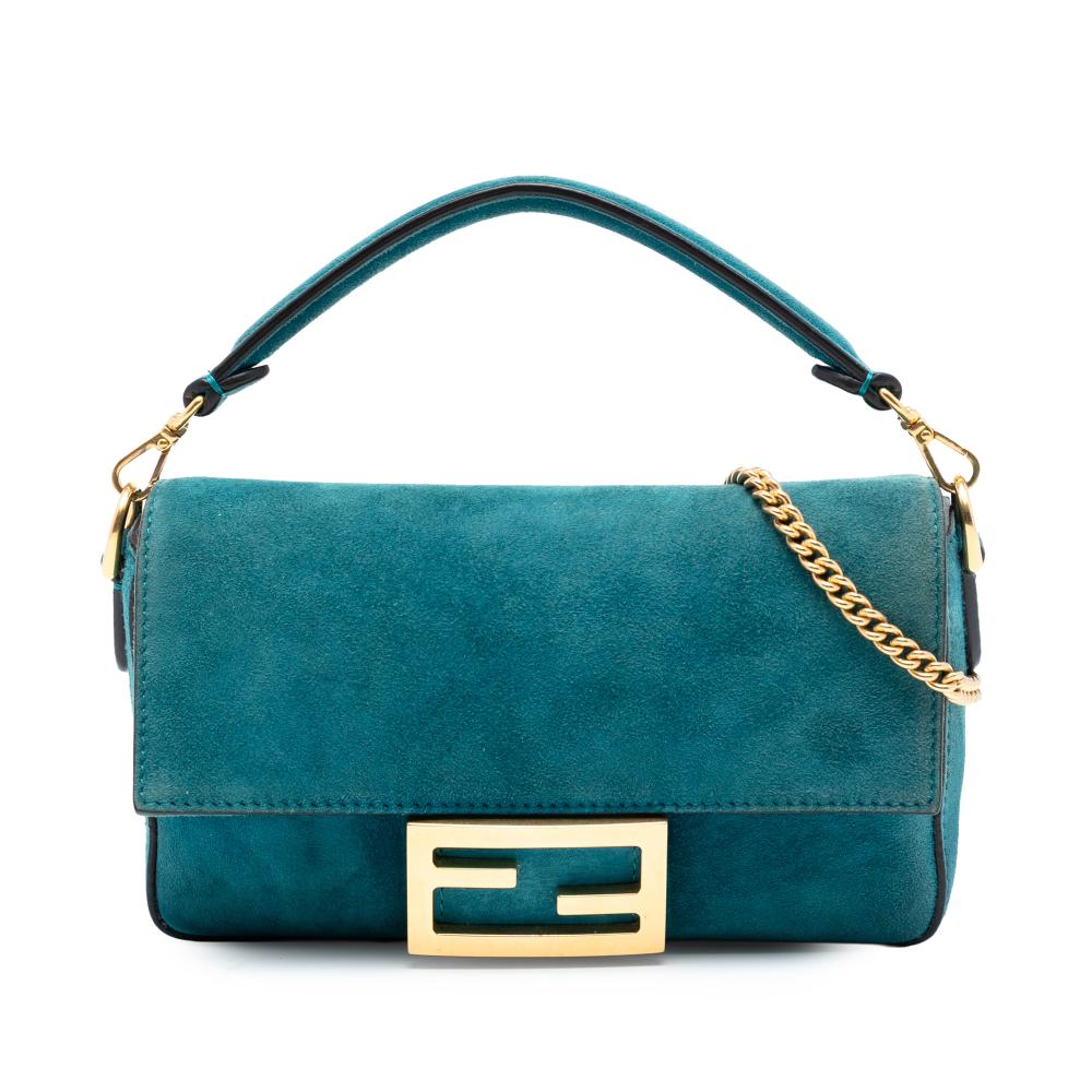 Fendi B Fendi Blue Peacock Suede Leather Mini Baguette Satchel Italy
