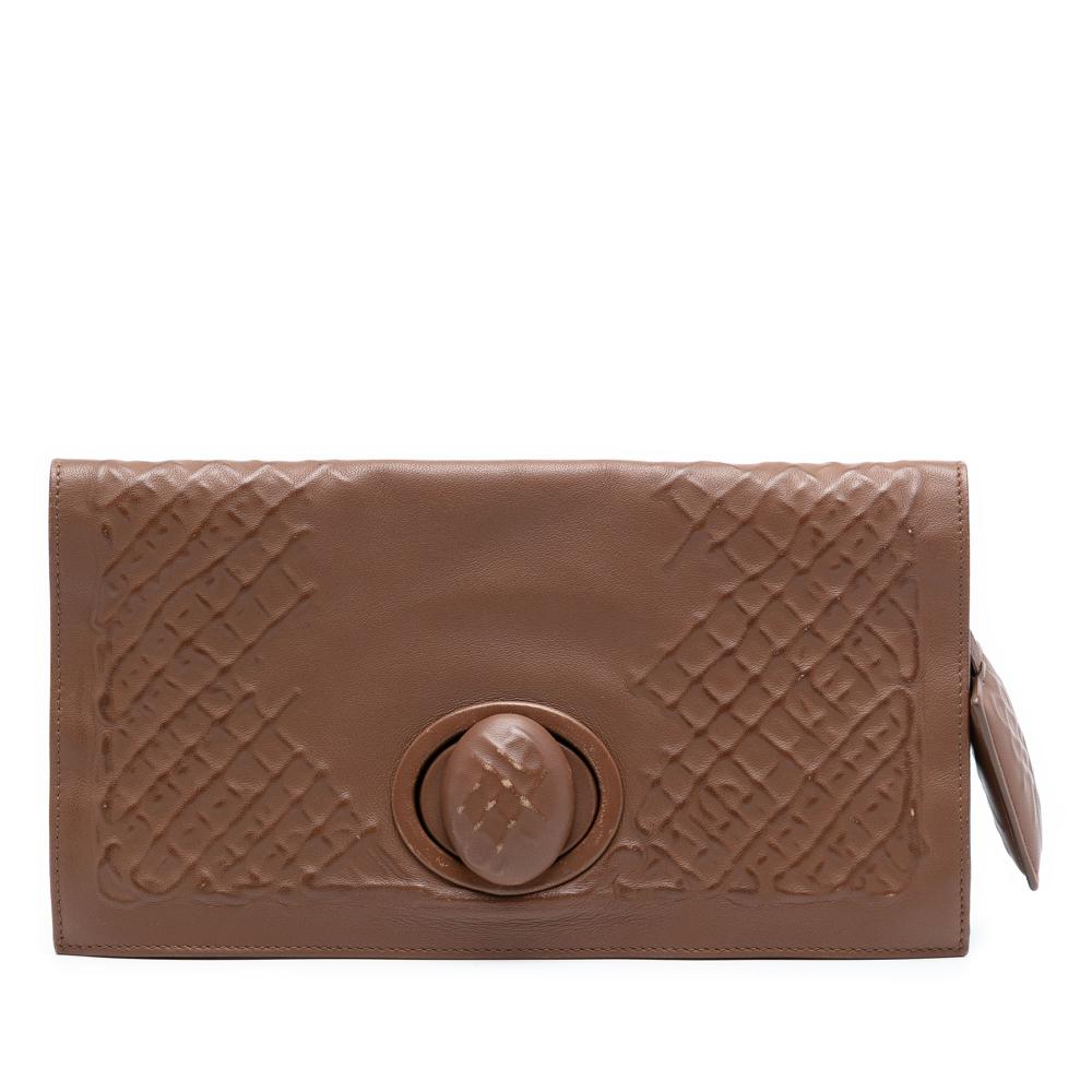 Bottega Veneta AB Bottega Veneta Brown Nappa Leather Leather Nappa Embossed Intrecciato Turnlock Clutch Italy