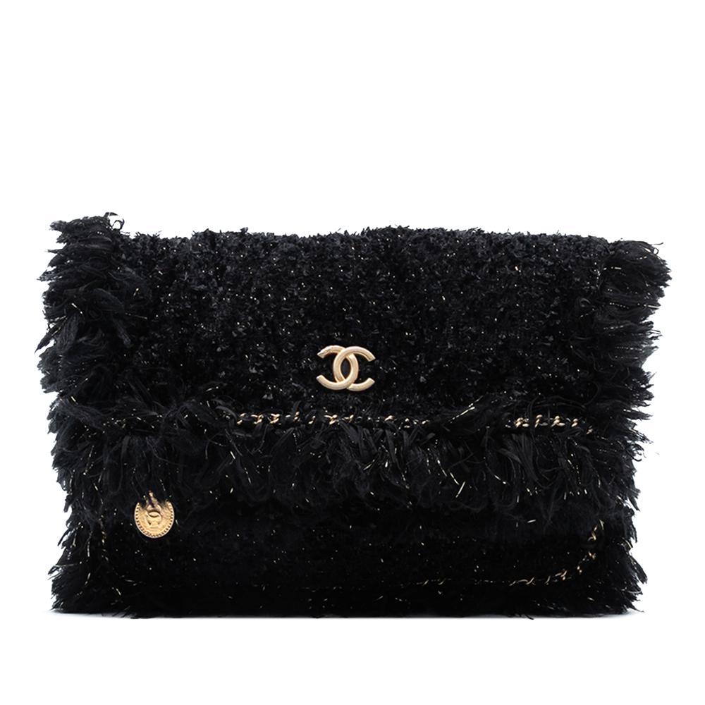 Chanel AB Chanel Black Tweed Fabric Paris Cosmopolite Fringe Clutch Italy