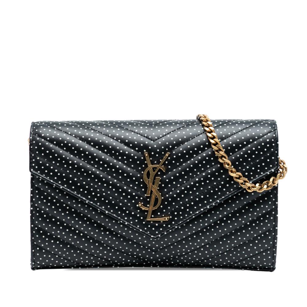 Saint Laurent Black Calf Leather Quilted Chevron skin Polka Dot Monogram Envelope Chain Wallet Italy
