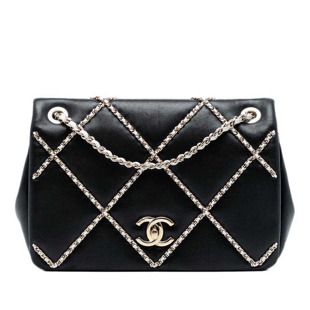 Chanel AB Chanel Black with White Lambskin Leather Leather Small Lambskin Entwined Chain Flap Italy