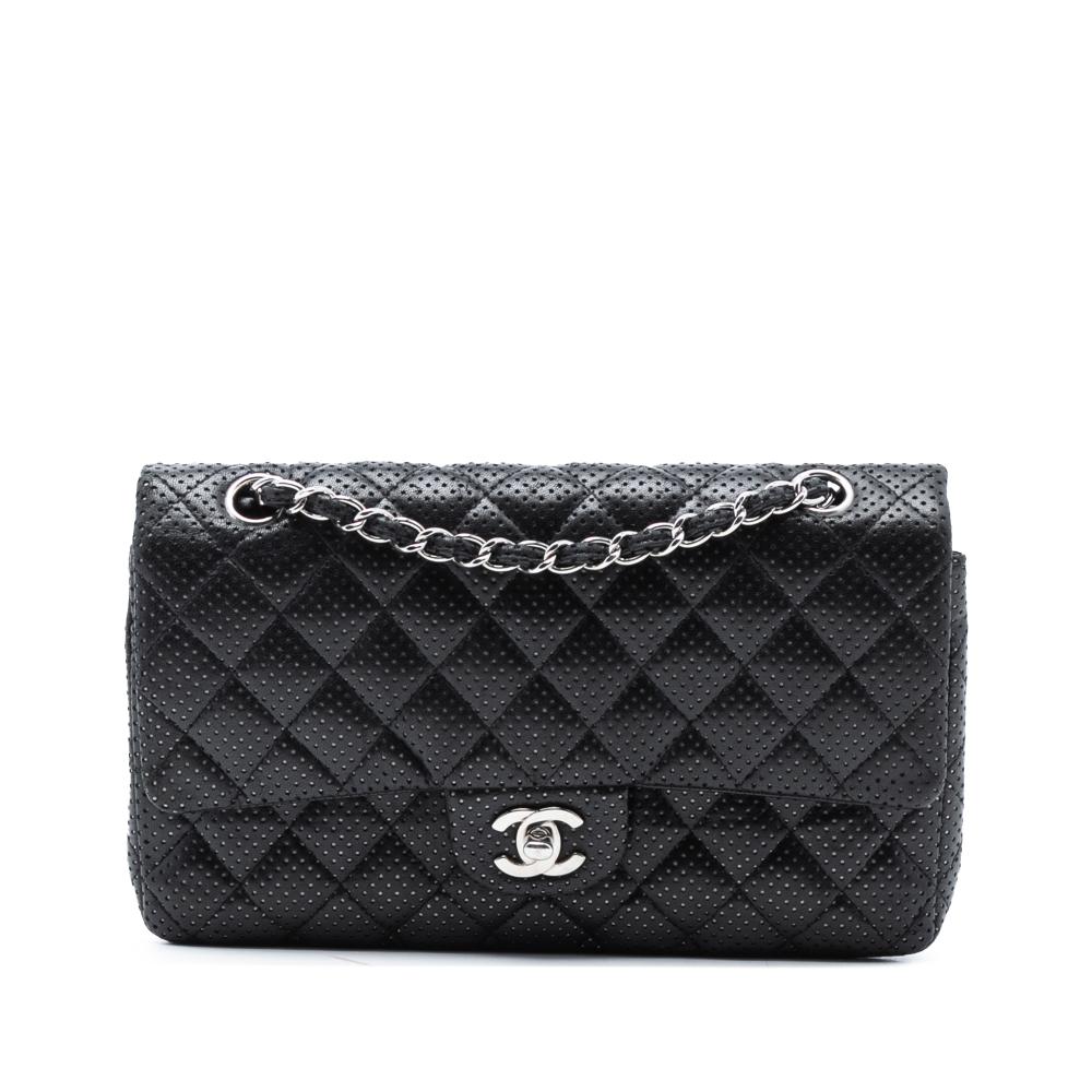 Chanel B Chanel Black Lambskin Leather Leather Medium Classic Perforated Lambskin Double Flap France