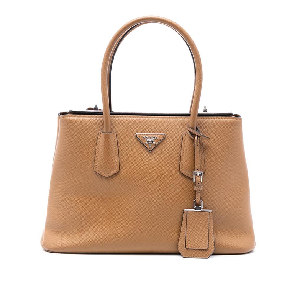 Prada B Prada Brown Beige Saffiano Leather Cuir Turnlock Twin Satchel Italy