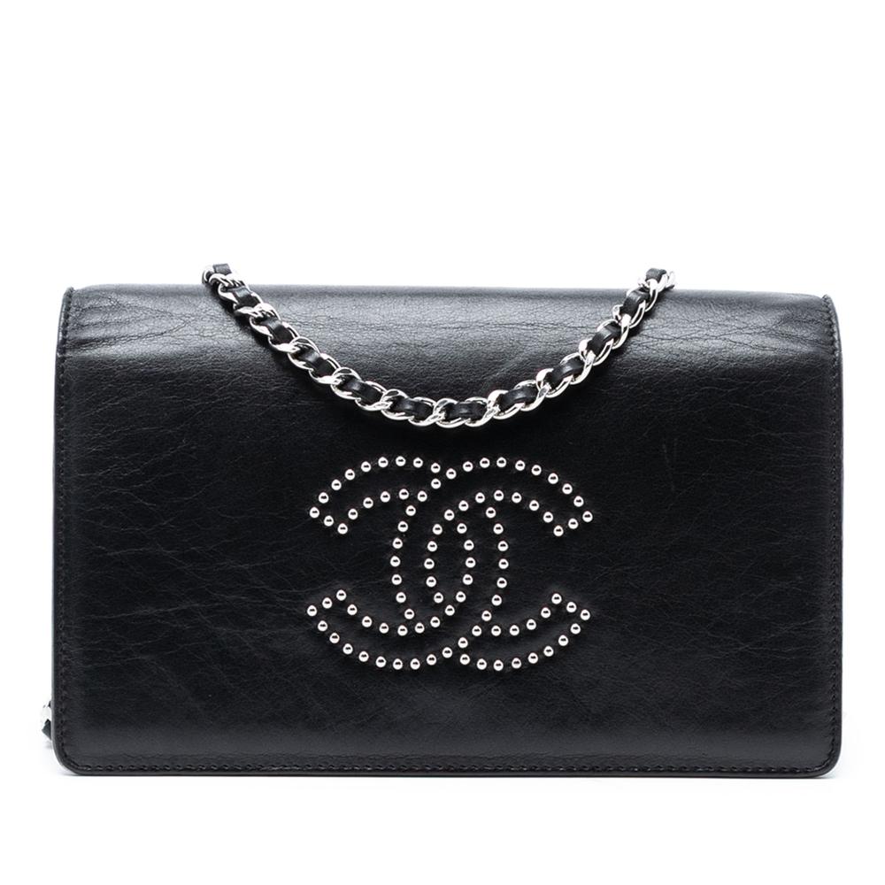Chanel B Chanel Black Lambskin Leather Leather Studded Lambskin CC Wallet on Chain Italy