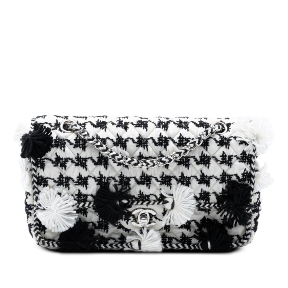 Chanel AB Chanel White with Black Canvas Fabric Medium Classic Embroidered Double Flap France