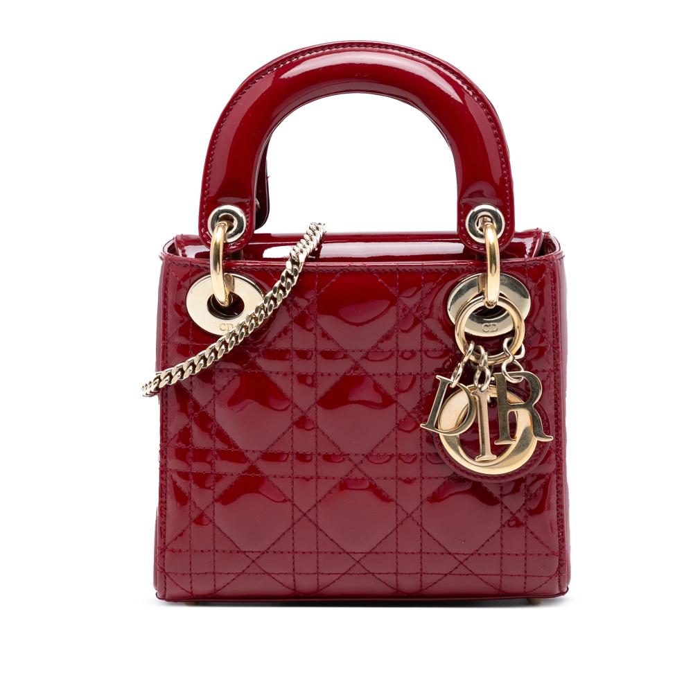 Christian Dior B Dior Red Dark Red Patent Leather Leather Mini Patent Cannage Lady Dior Italy