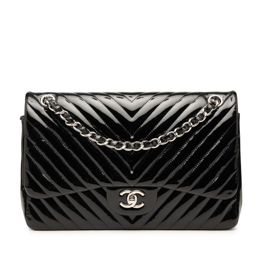 Chanel AB Chanel Black Patent Leather Leather Jumbo Classic Chevron Patent Double Flap Italy