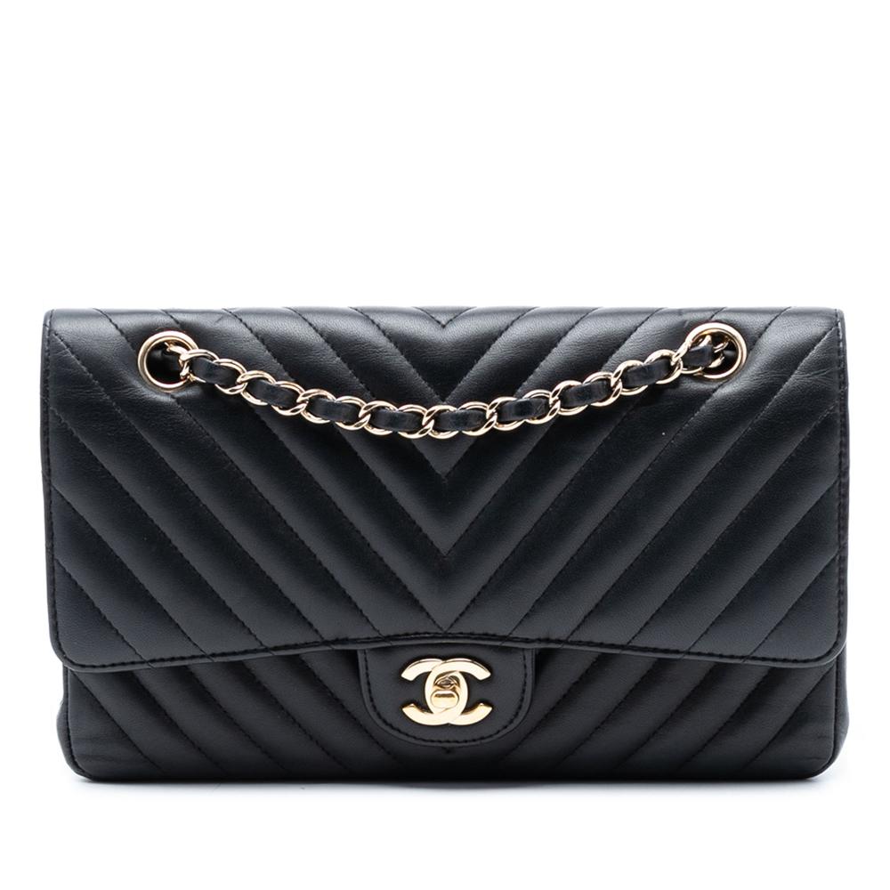 Chanel B Chanel Black Lambskin Leather Leather Medium Classic Chevron Lambskin Double Flap France