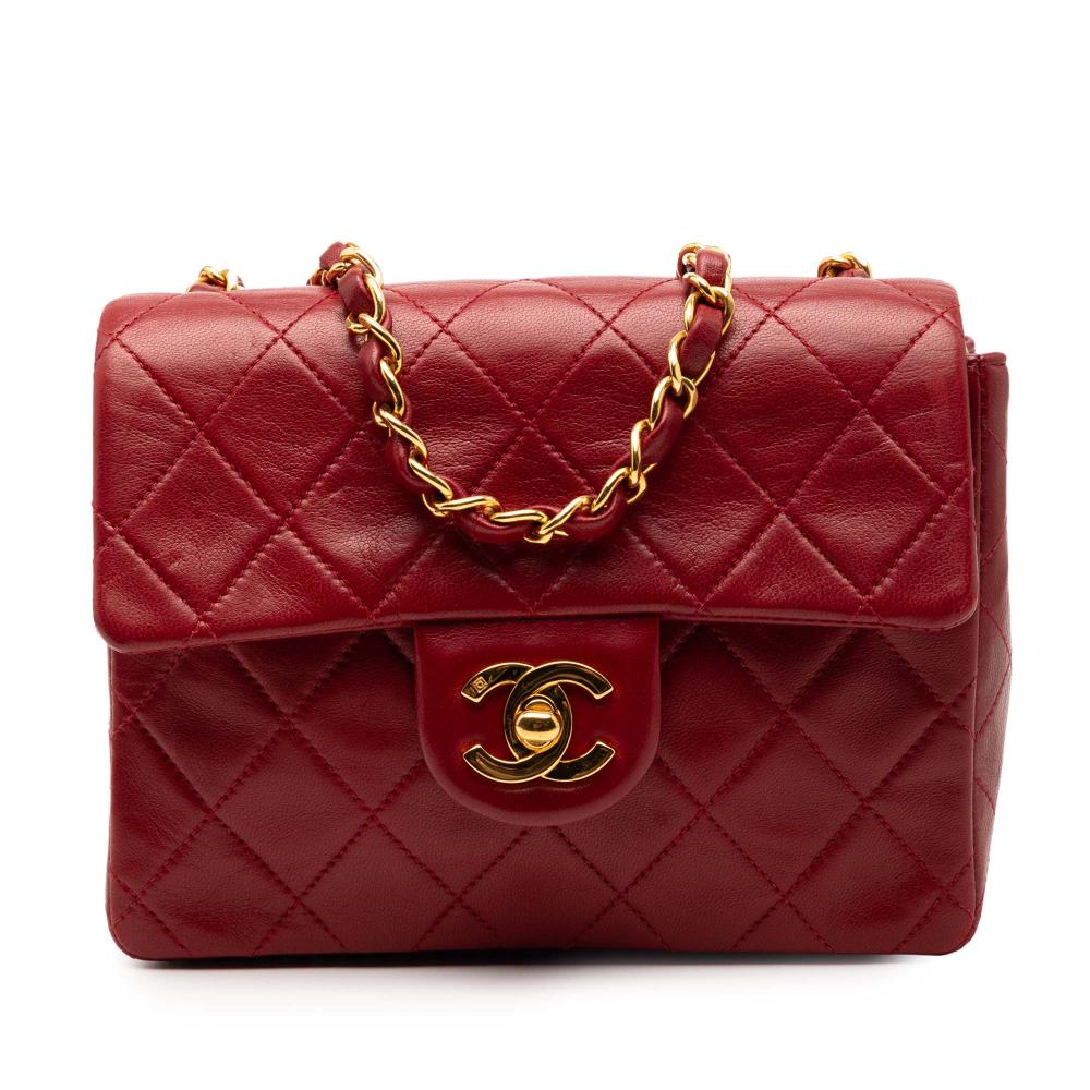 Chanel B Chanel Red Dark Red Lambskin Leather Leather Mini Square Classic Lambskin Single Flap France